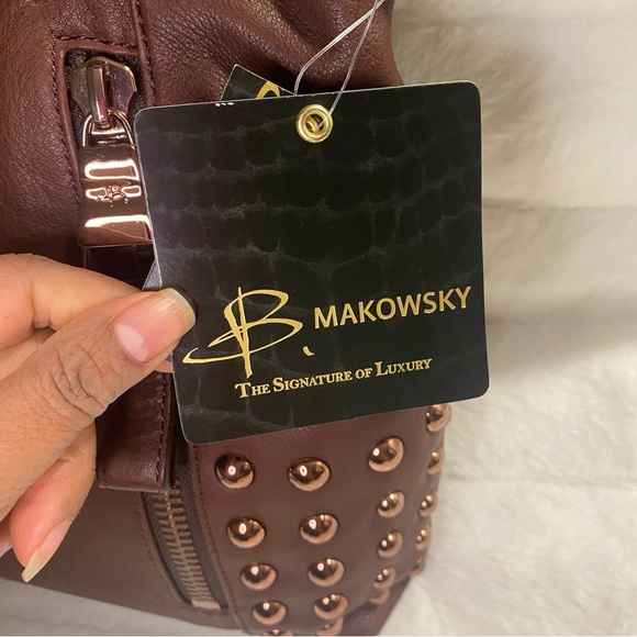 NWT B Makowsky Leather Shoulder Crossbody Handbag, Copper Studs & Suede Accents - Picture 8 of 14